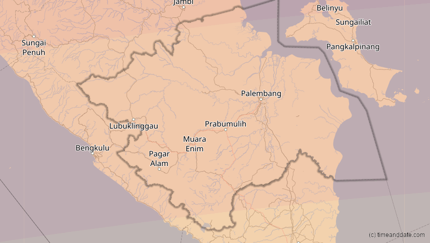 A map of Sumatera Selatan, Indonesien, showing the path of the 24. Aug 2082 Totale Sonnenfinsternis