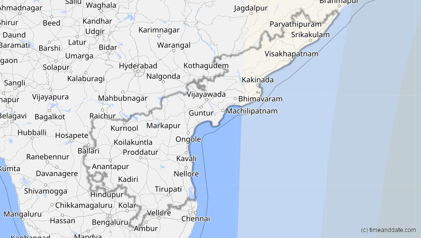 A map of Andhra Pradesh, Indien, showing the path of the 24. Aug 2082 Totale Sonnenfinsternis