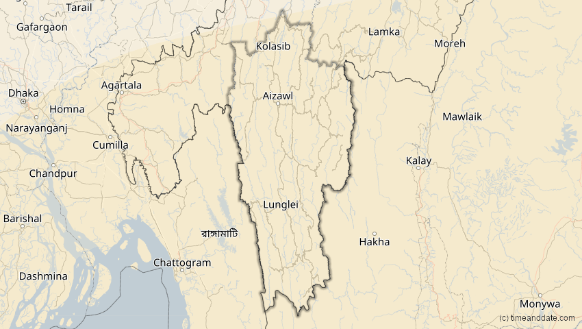 A map of Mizoram, Indien, showing the path of the 24. Aug 2082 Totale Sonnenfinsternis