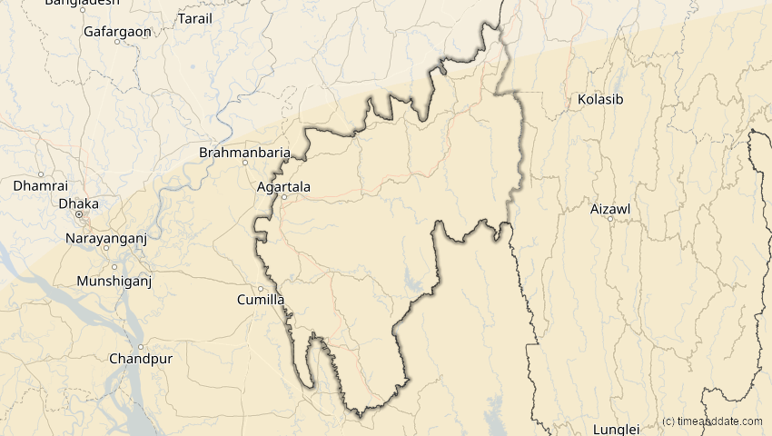 A map of Tripura, Indien, showing the path of the 24. Aug 2082 Totale Sonnenfinsternis