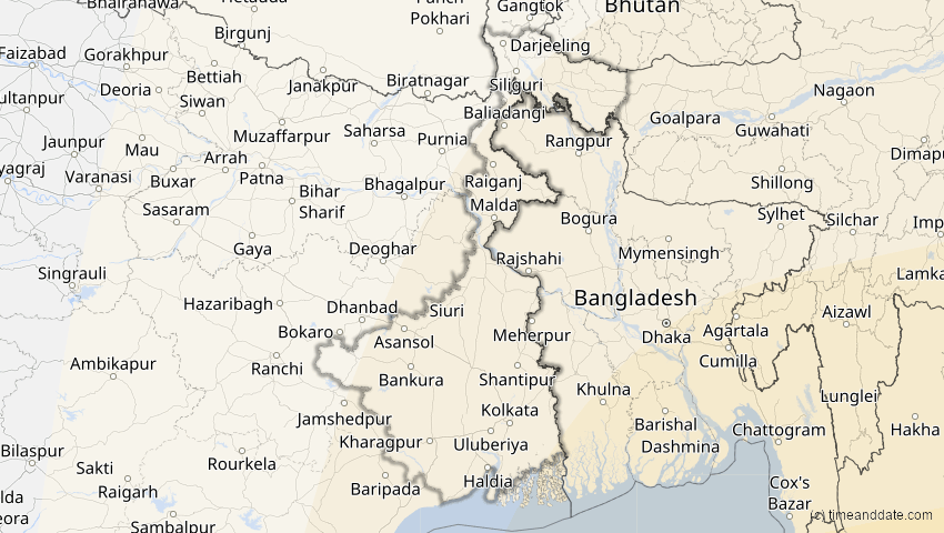A map of Westbengalen, Indien, showing the path of the 24. Aug 2082 Totale Sonnenfinsternis