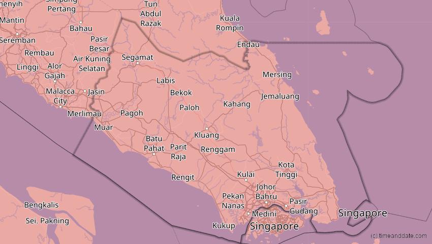 A map of Johor, Malaysia, showing the path of the 24. Aug 2082 Totale Sonnenfinsternis