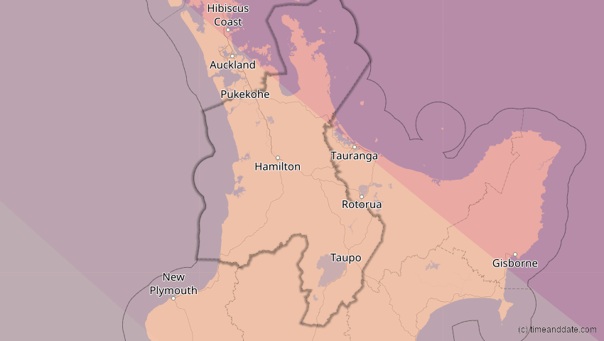 A map of Waikato, Neuseeland, showing the path of the 24. Aug 2082 Totale Sonnenfinsternis