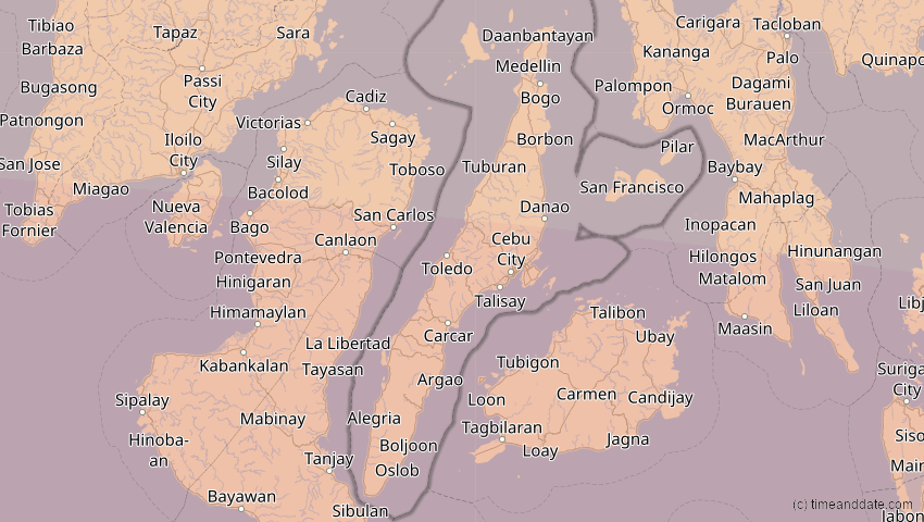 A map of Cebu, Philippinen, showing the path of the 24. Aug 2082 Totale Sonnenfinsternis