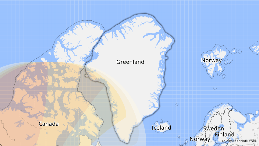 A map of Grönland, showing the path of the 16. Feb 2083 Partielle Sonnenfinsternis