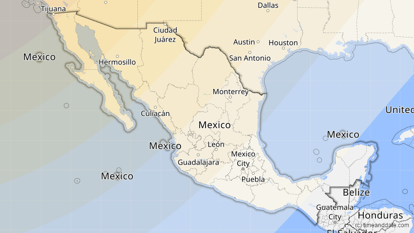 A map of Mexiko, showing the path of the 16. Feb 2083 Partielle Sonnenfinsternis