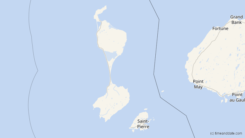 A map of Saint-Pierre und Miquelon, showing the path of the 16. Feb 2083 Partielle Sonnenfinsternis