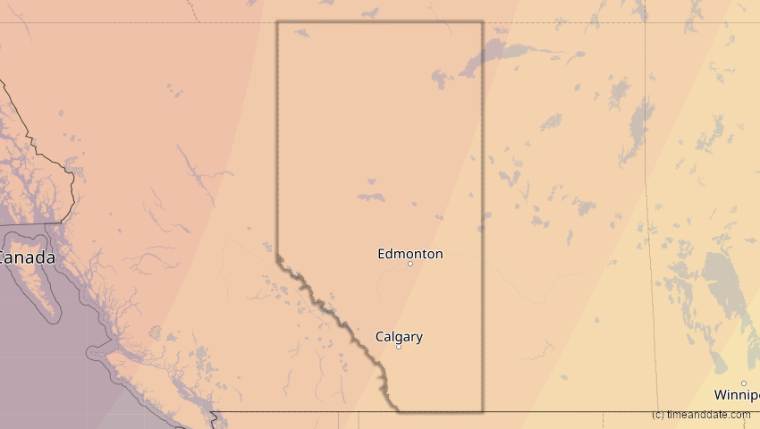 A map of Alberta, Kanada, showing the path of the 16. Feb 2083 Partielle Sonnenfinsternis