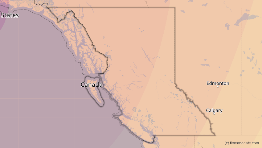 A map of British Columbia, Kanada, showing the path of the 16. Feb 2083 Partielle Sonnenfinsternis