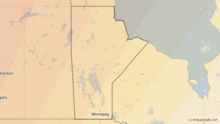 A map of Manitoba, Kanada, showing the path of the 16. Feb 2083 Partielle Sonnenfinsternis