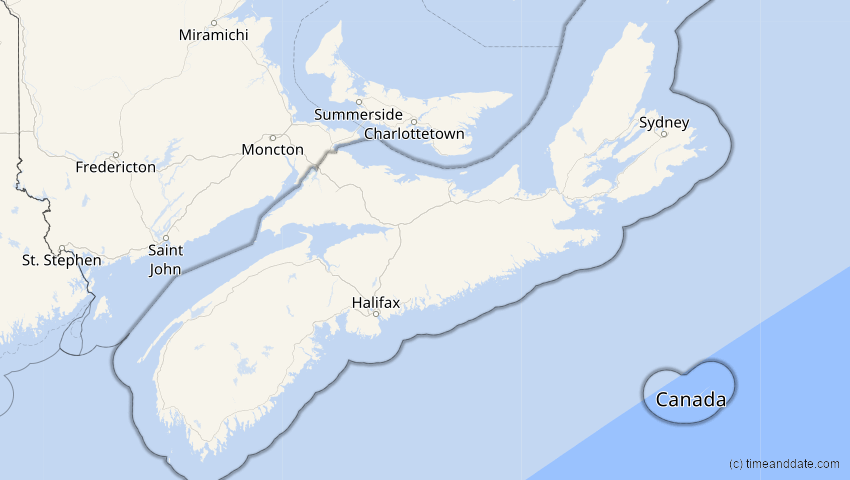 A map of Nova Scotia, Kanada, showing the path of the 16. Feb 2083 Partielle Sonnenfinsternis