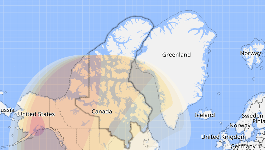 A map of Nunavut, Kanada, showing the path of the 16. Feb 2083 Partielle Sonnenfinsternis