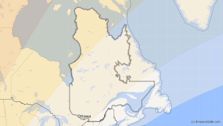 A map of Québec, Kanada, showing the path of the 16. Feb 2083 Partielle Sonnenfinsternis