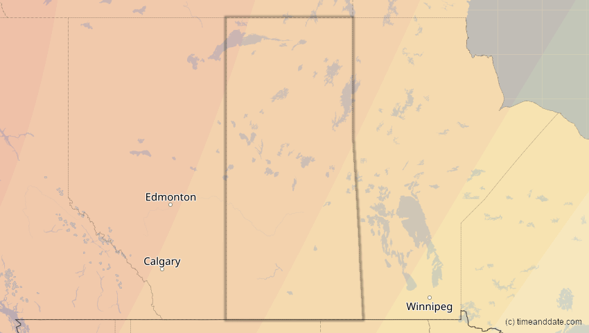 A map of Saskatchewan, Kanada, showing the path of the 16. Feb 2083 Partielle Sonnenfinsternis