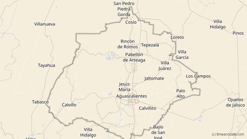 A map of Aguascalientes, Mexiko, showing the path of the 16. Feb 2083 Partielle Sonnenfinsternis