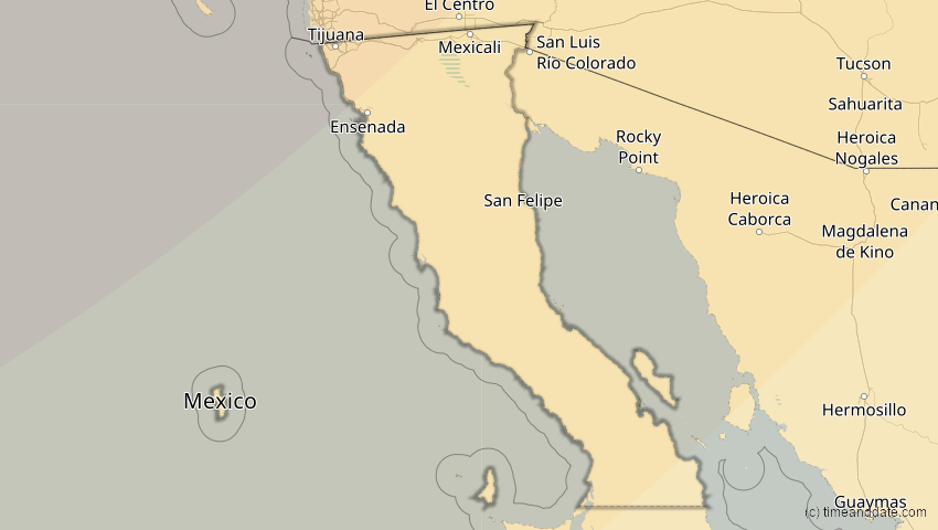 A map of Baja California, Mexiko, showing the path of the 16. Feb 2083 Partielle Sonnenfinsternis