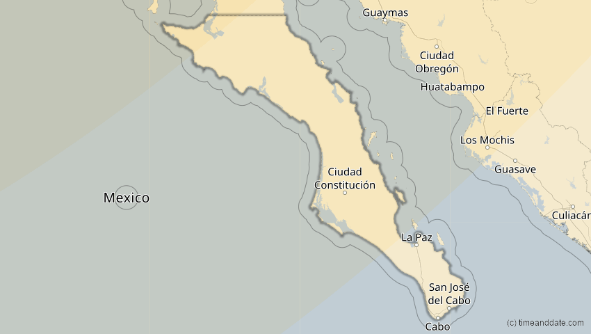 A map of Baja California Sur, Mexiko, showing the path of the 16. Feb 2083 Partielle Sonnenfinsternis