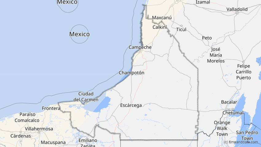 A map of Campeche, Mexiko, showing the path of the 16. Feb 2083 Partielle Sonnenfinsternis