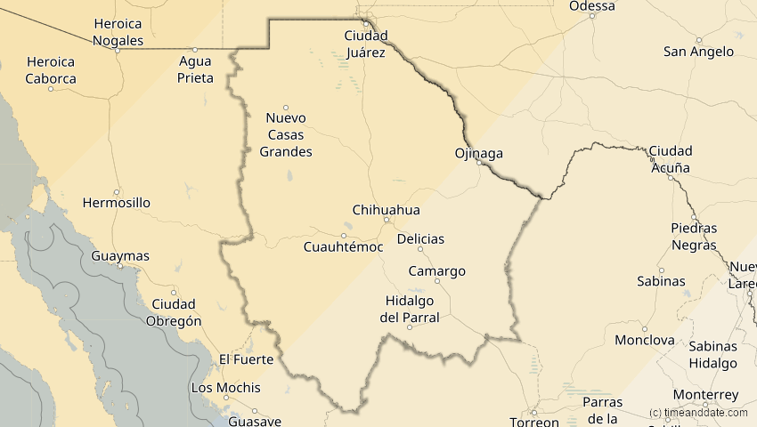 A map of Chihuahua, Mexiko, showing the path of the 16. Feb 2083 Partielle Sonnenfinsternis