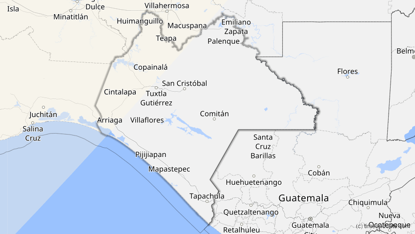 A map of Chiapas, Mexiko, showing the path of the 16. Feb 2083 Partielle Sonnenfinsternis