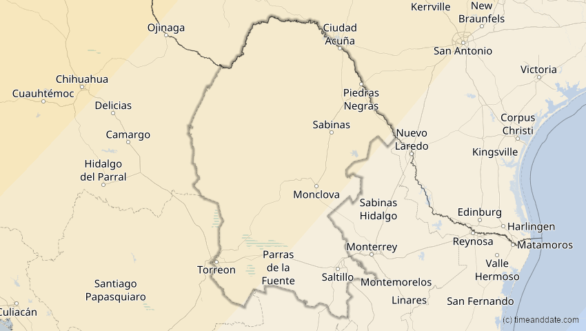 A map of Coahuila, Mexiko, showing the path of the 16. Feb 2083 Partielle Sonnenfinsternis