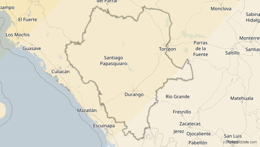 A map of Durango, Mexiko, showing the path of the 16. Feb 2083 Partielle Sonnenfinsternis