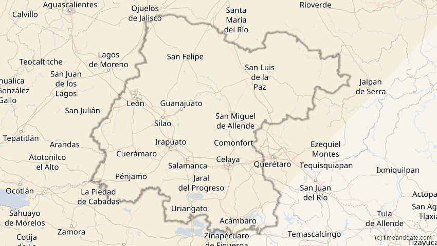 A map of Guanajuato, Mexiko, showing the path of the 16. Feb 2083 Partielle Sonnenfinsternis