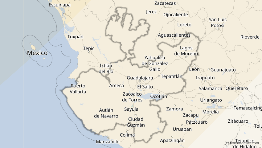 A map of Jalisco, Mexiko, showing the path of the 16. Feb 2083 Partielle Sonnenfinsternis