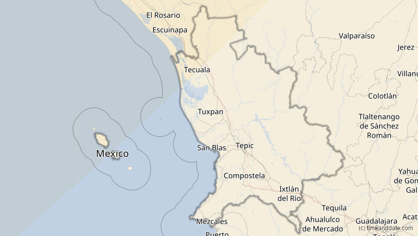 A map of Nayarit, Mexiko, showing the path of the 16. Feb 2083 Partielle Sonnenfinsternis
