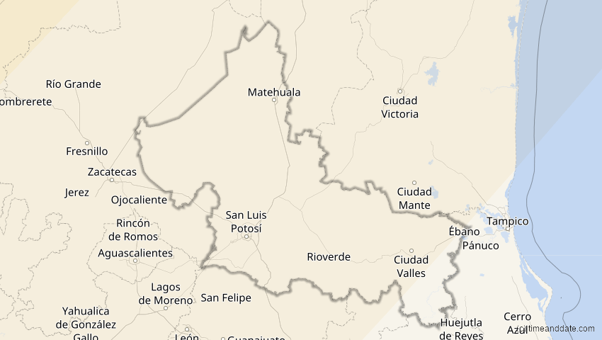 A map of San Luis Potosí, Mexiko, showing the path of the 16. Feb 2083 Partielle Sonnenfinsternis