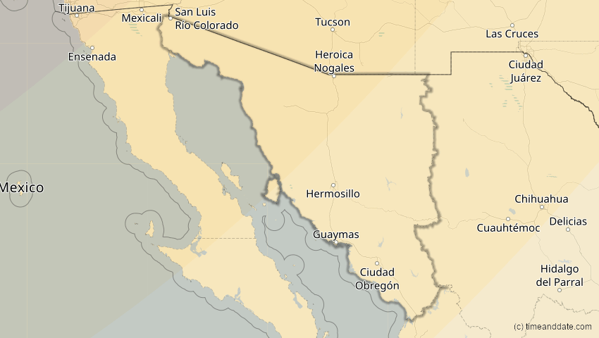 A map of Sonora, Mexiko, showing the path of the 16. Feb 2083 Partielle Sonnenfinsternis