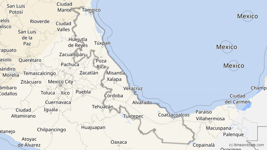 A map of Veracruz, Mexiko, showing the path of the 16. Feb 2083 Partielle Sonnenfinsternis