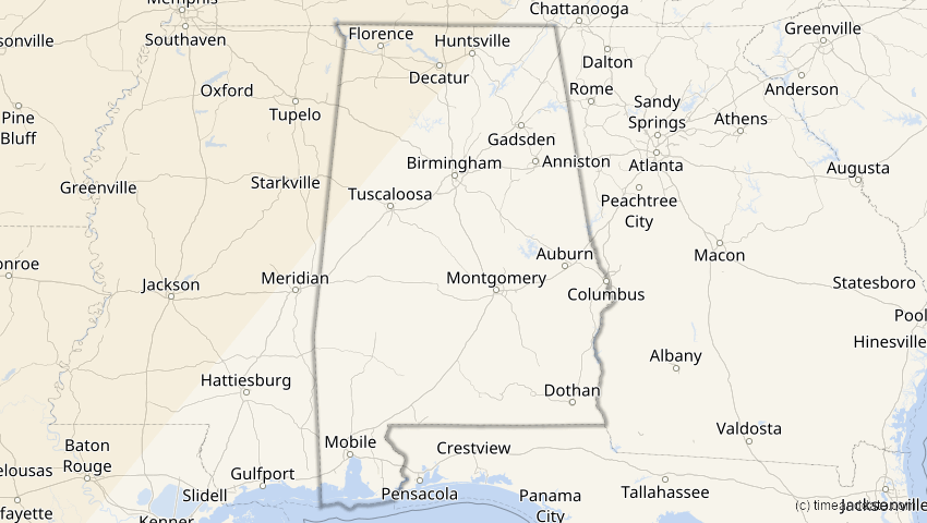 A map of Alabama, USA, showing the path of the 16. Feb 2083 Partielle Sonnenfinsternis
