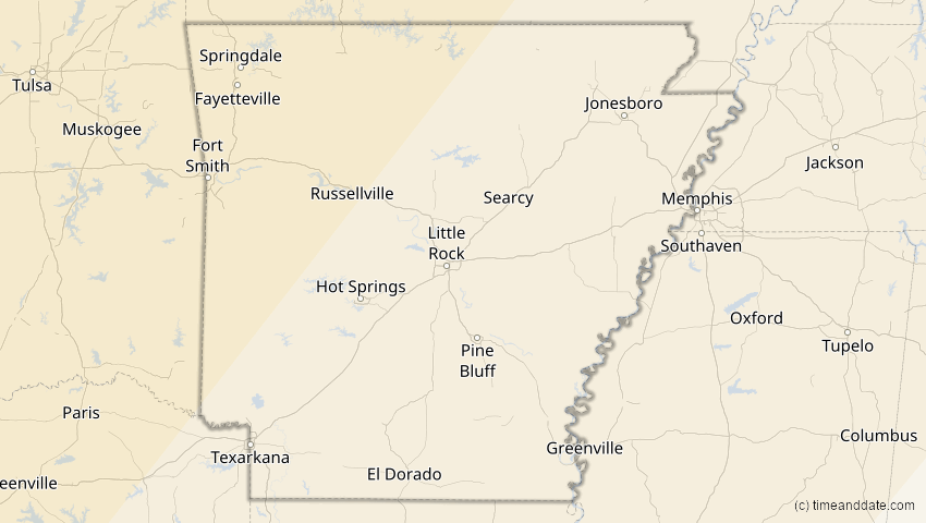 A map of Arkansas, USA, showing the path of the 16. Feb 2083 Partielle Sonnenfinsternis