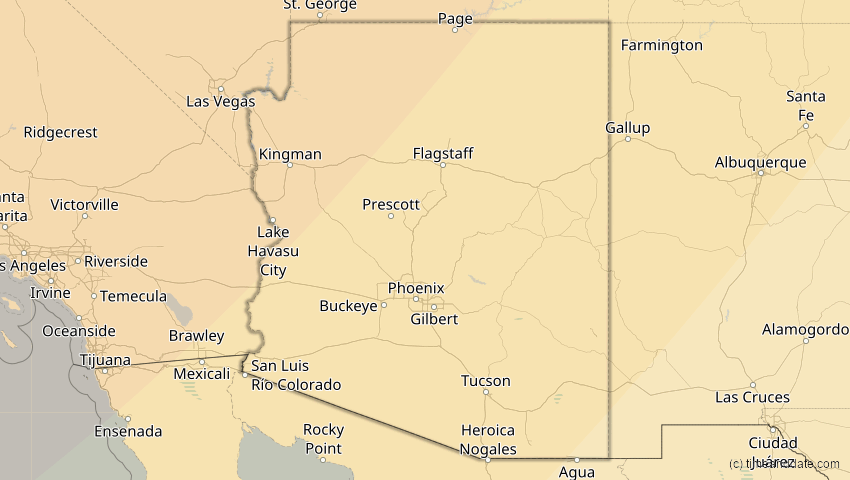 A map of Arizona, USA, showing the path of the 16. Feb 2083 Partielle Sonnenfinsternis