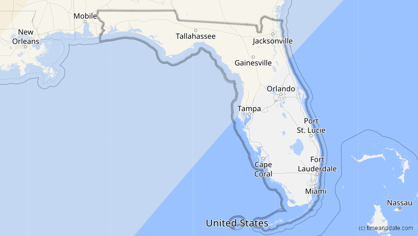 A map of Florida, USA, showing the path of the 16. Feb 2083 Partielle Sonnenfinsternis