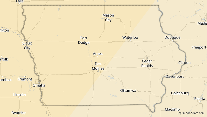 A map of Iowa, USA, showing the path of the 16. Feb 2083 Partielle Sonnenfinsternis