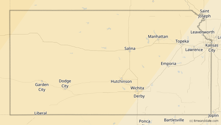 A map of Kansas, USA, showing the path of the 16. Feb 2083 Partielle Sonnenfinsternis