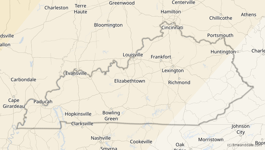A map of Kentucky, USA, showing the path of the 16. Feb 2083 Partielle Sonnenfinsternis