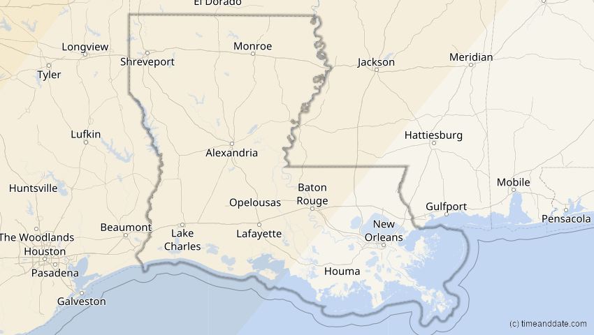 A map of Louisiana, USA, showing the path of the 16. Feb 2083 Partielle Sonnenfinsternis