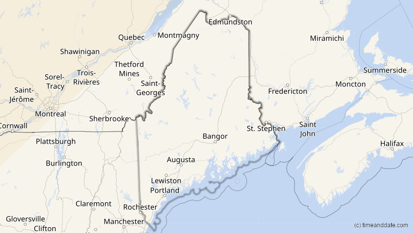 A map of Maine, USA, showing the path of the 16. Feb 2083 Partielle Sonnenfinsternis