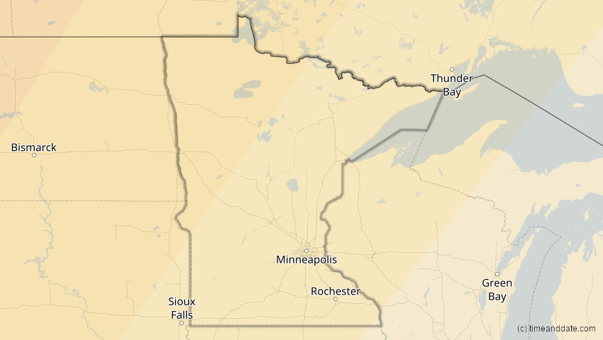 A map of Minnesota, USA, showing the path of the 16. Feb 2083 Partielle Sonnenfinsternis