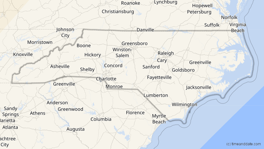 A map of North Carolina, USA, showing the path of the 16. Feb 2083 Partielle Sonnenfinsternis