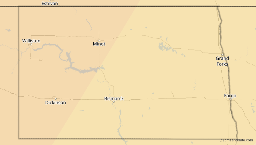 A map of North Dakota, USA, showing the path of the 16. Feb 2083 Partielle Sonnenfinsternis