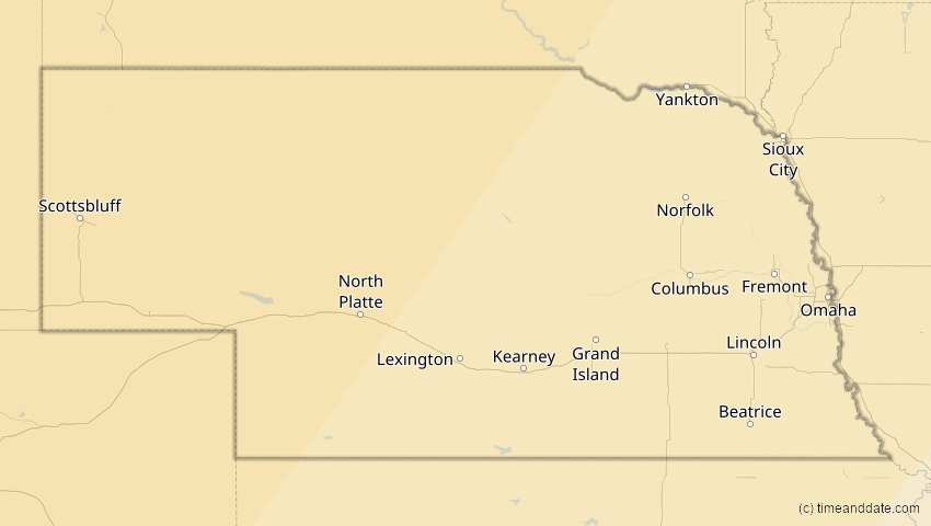 A map of Nebraska, USA, showing the path of the 16. Feb 2083 Partielle Sonnenfinsternis
