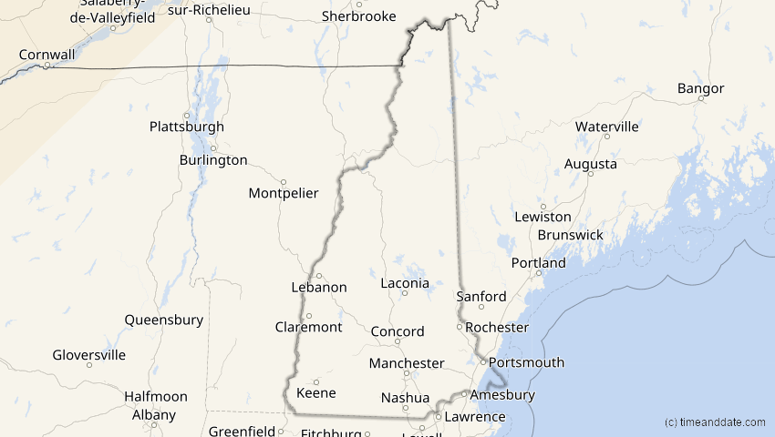 A map of New Hampshire, USA, showing the path of the 16. Feb 2083 Partielle Sonnenfinsternis