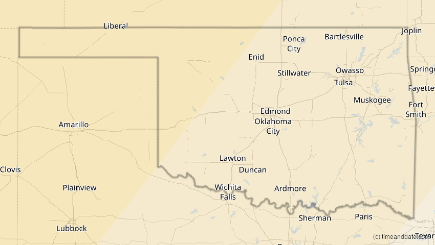 A map of Oklahoma, USA, showing the path of the 16. Feb 2083 Partielle Sonnenfinsternis