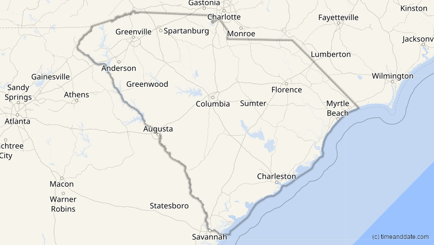 A map of South Carolina, USA, showing the path of the 16. Feb 2083 Partielle Sonnenfinsternis