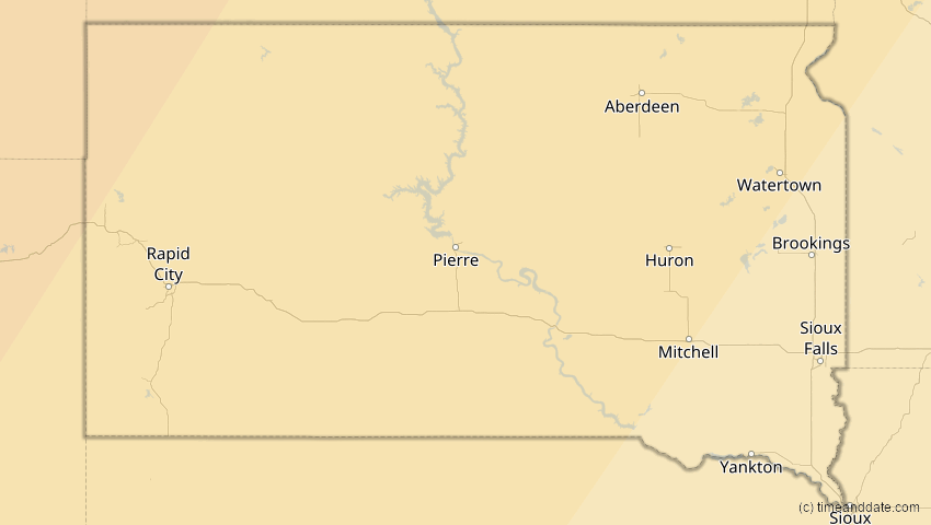 A map of South Dakota, USA, showing the path of the 16. Feb 2083 Partielle Sonnenfinsternis