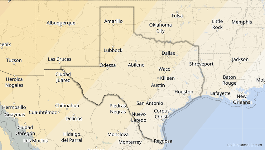 A map of Texas, USA, showing the path of the 16. Feb 2083 Partielle Sonnenfinsternis
